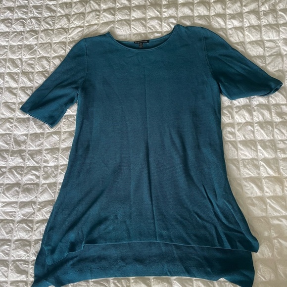 Eileen Fisher Teal Textured Short Sleeve Top - Picture 1 of 7